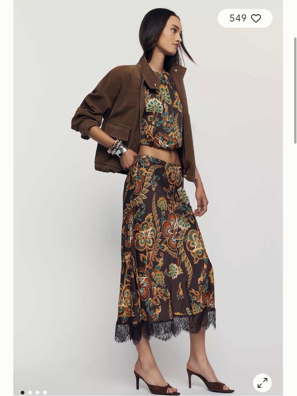 FARM Rio Brown Floral Lace-Trim Midi Skirt